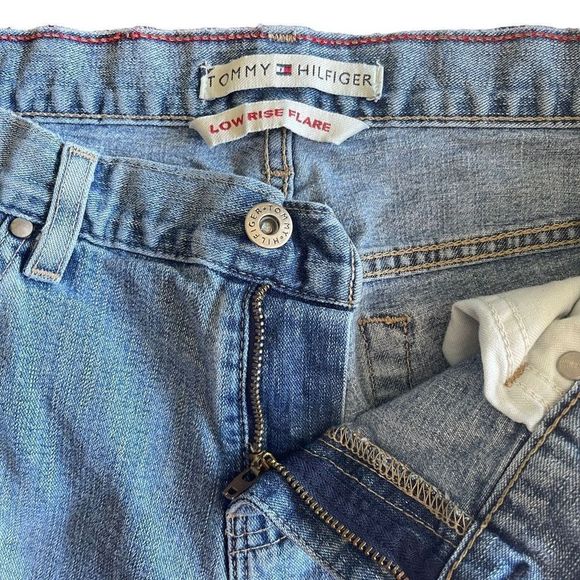 Tommy Hilfiger 00’s Low Rise Flare Hiphugger Denim Jeans - Leather Flag Patch - Picture 8 of 15